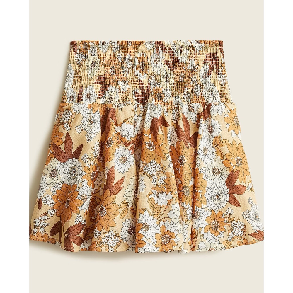 J. Crew Women's Linen Smocked Mini Skirt in Zinnia Floral Print Sz Small Orange